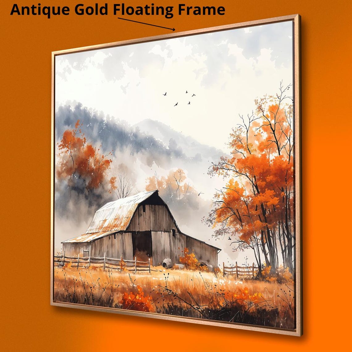 Rustic Barn Autumn Foliage Misty Mountain Landscape Painting Print - Image 3