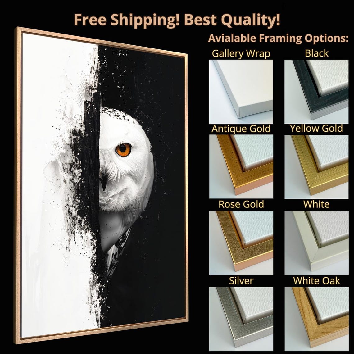 Snowy Owl Half Black White Night Abstract Bird Portrait Poster - Image 4