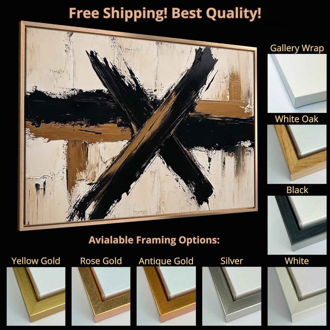 Black And Gold Abstract Expressionist Brushstroke X Art Wall Poster - Image 5