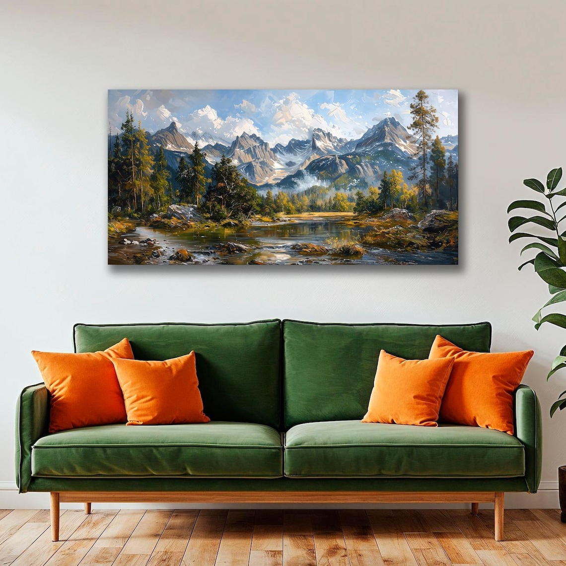 Mountain Landscape Art Print, Green Trees and River - Image 2