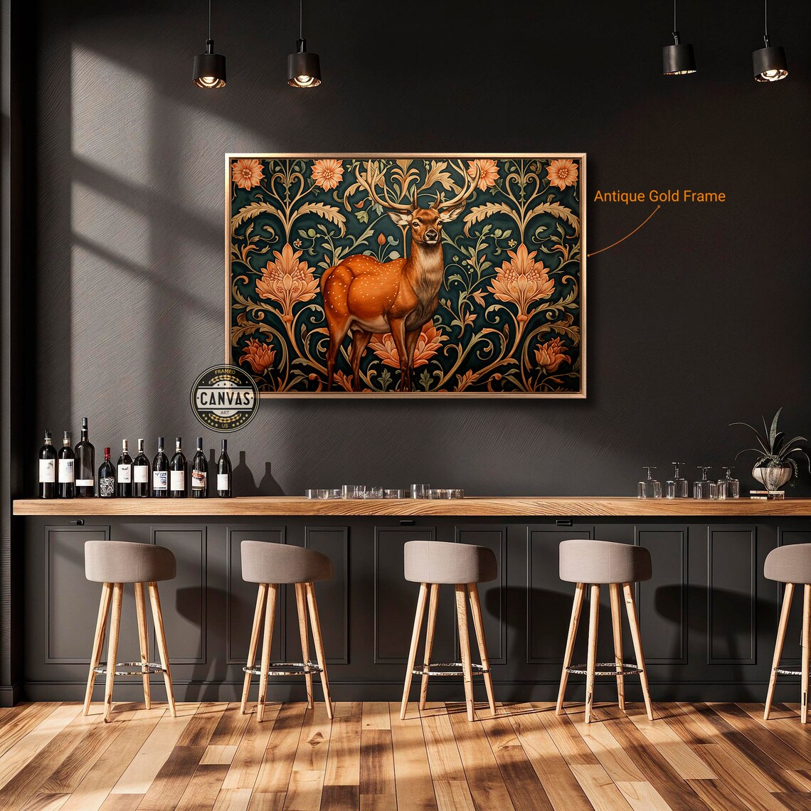 Elegant Deer Antlers Art Print, Floral Background - Image 3