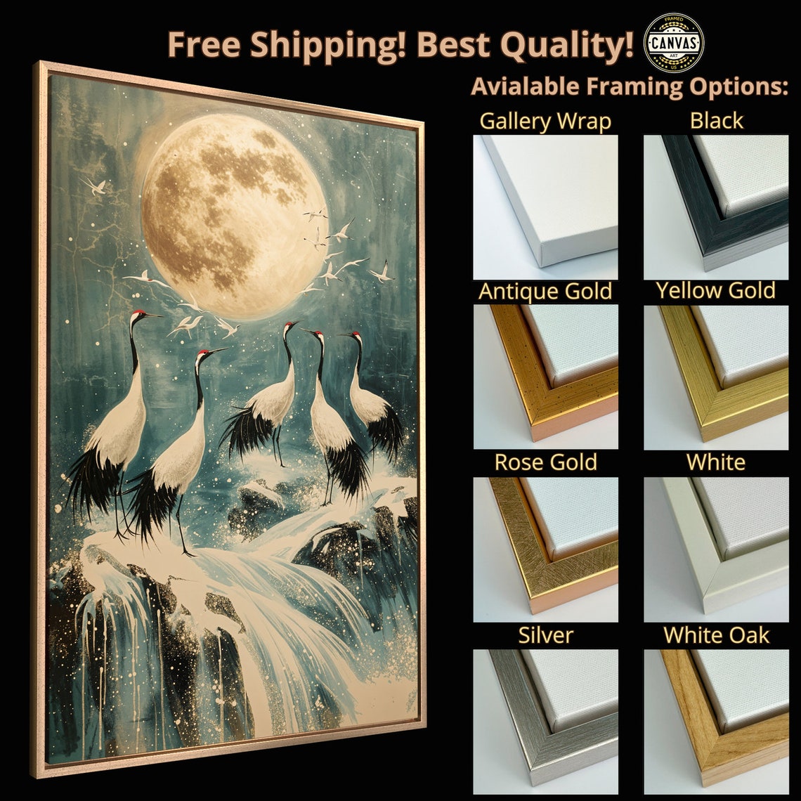 Moonlit Cranes Standing Golden Full Moon Waterfall Night Sky Poster - Image 5