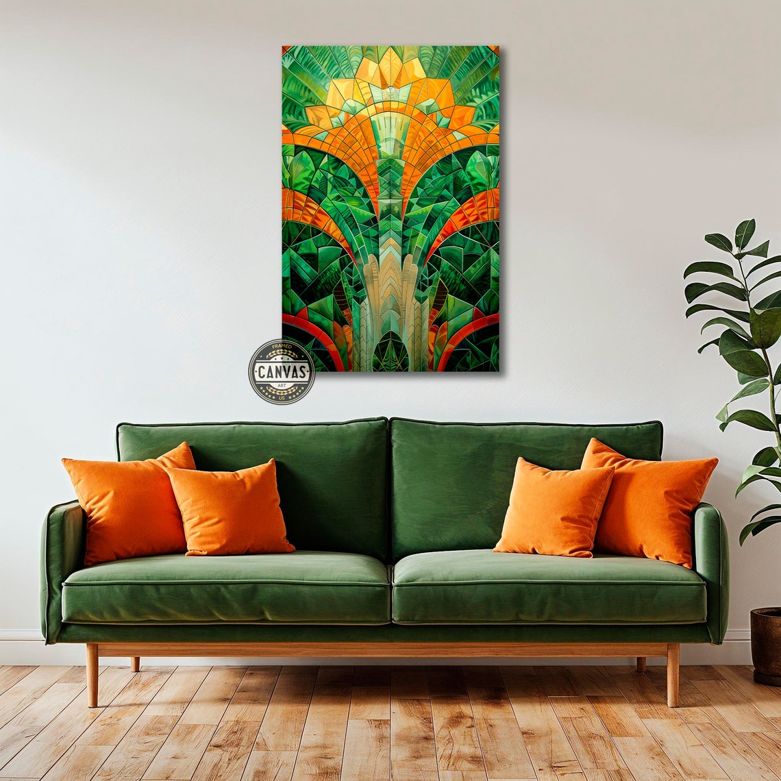 Emerald Green Orange Mosaic Stained Glass Tropical Deco Art Print - Image 3