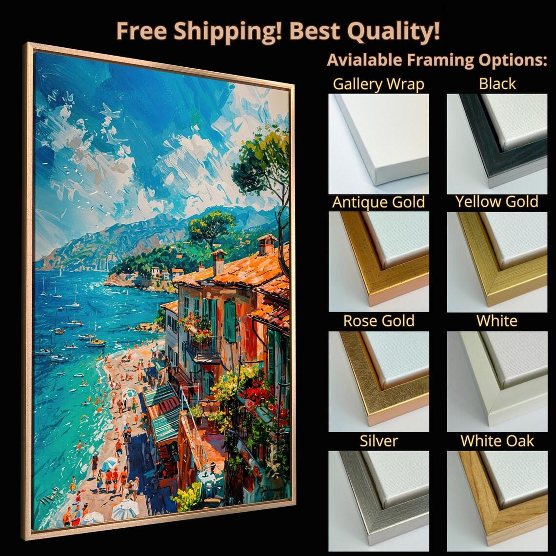 Mediterranean Seaside Town Beach Turquoise Sea Painting Wall Art Poster - Image 5