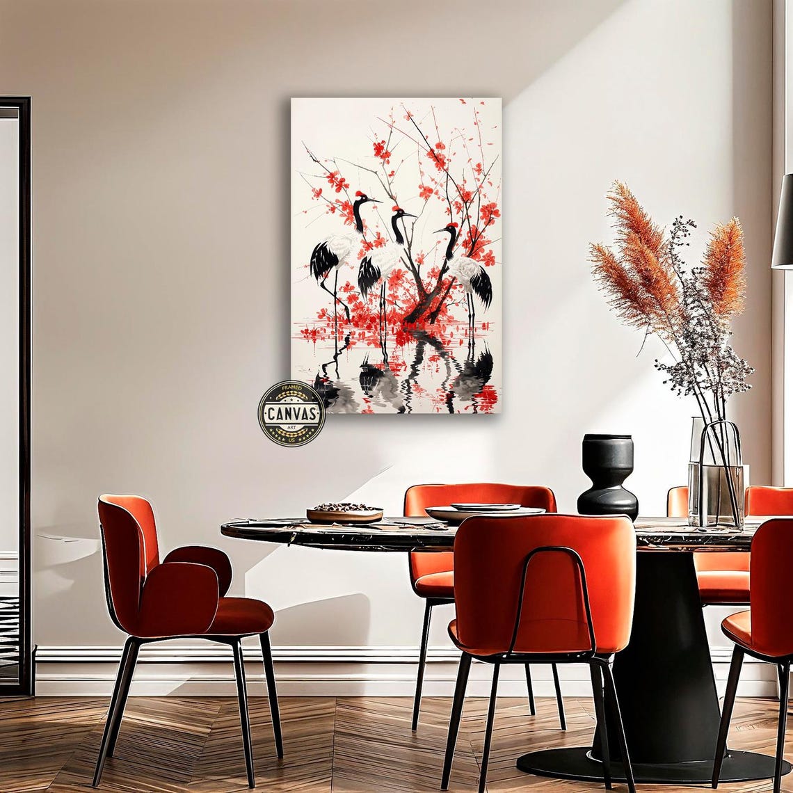 Red Crowned Cranes Red Cherry Blossom Water Reflections Poster - Image 3