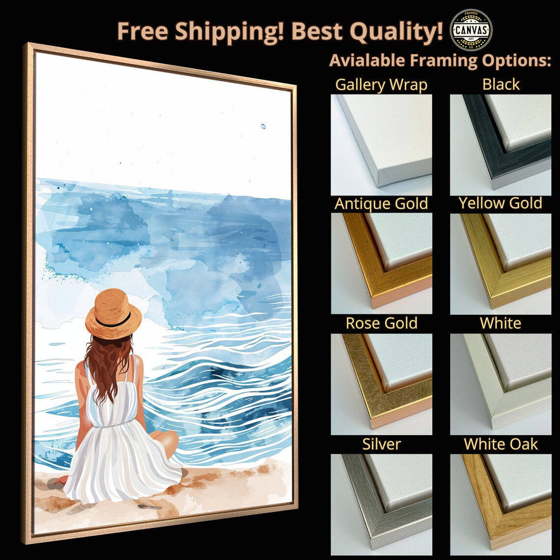 Woman In White Dress Straw Hat Beach Blue Ocean Watercolor Art Poster - Image 5