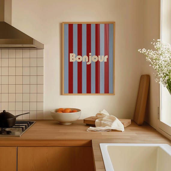 Hallway Wall Art Welcome Print Bonjour Poster Bold Typography Print Stripe Wall Art Living Room Art French Poster Typography Wall Art