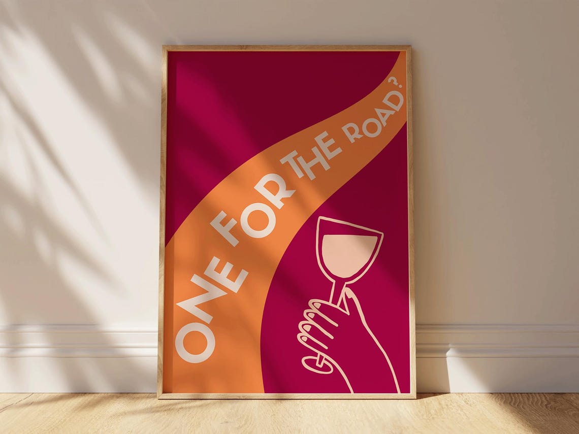 One For The Road Wine Poster in Orange and Magenta Modern Design