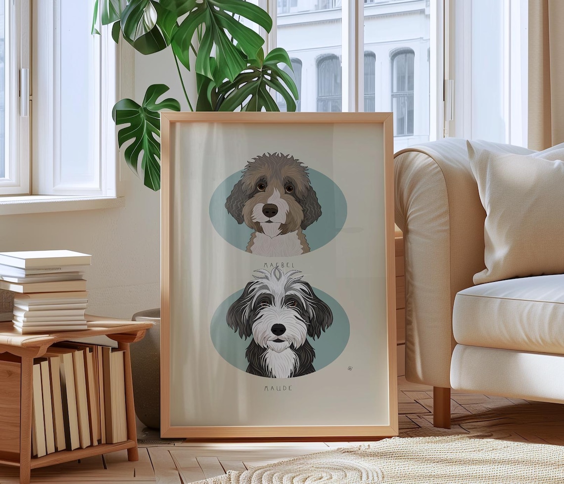 Custom Two Pet Portraits, Oval Frame Memorial Art Print - Image 2