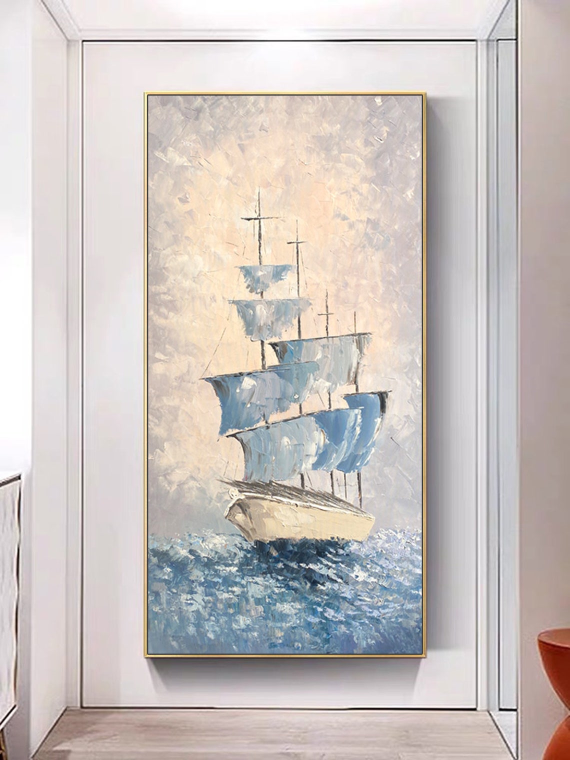 Tall Sailing Ship Blue Sails Impasto Ocean Oil Painting Poster - Image 3