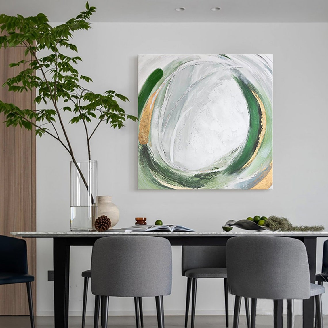 Green Gold White Circular Abstract Diptych Modern Canvas Wall Art - Image 3