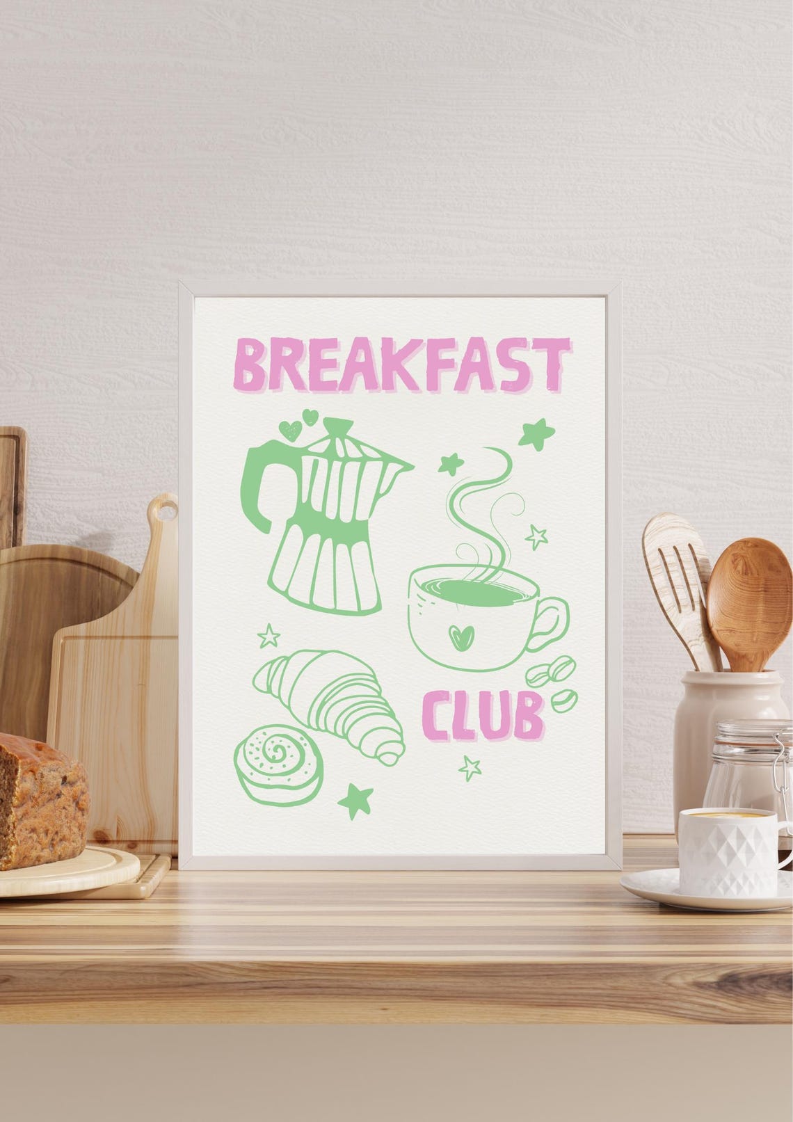 Breakfast Club Retro Coffee Croissant Pink Green Kitchen Art Poster