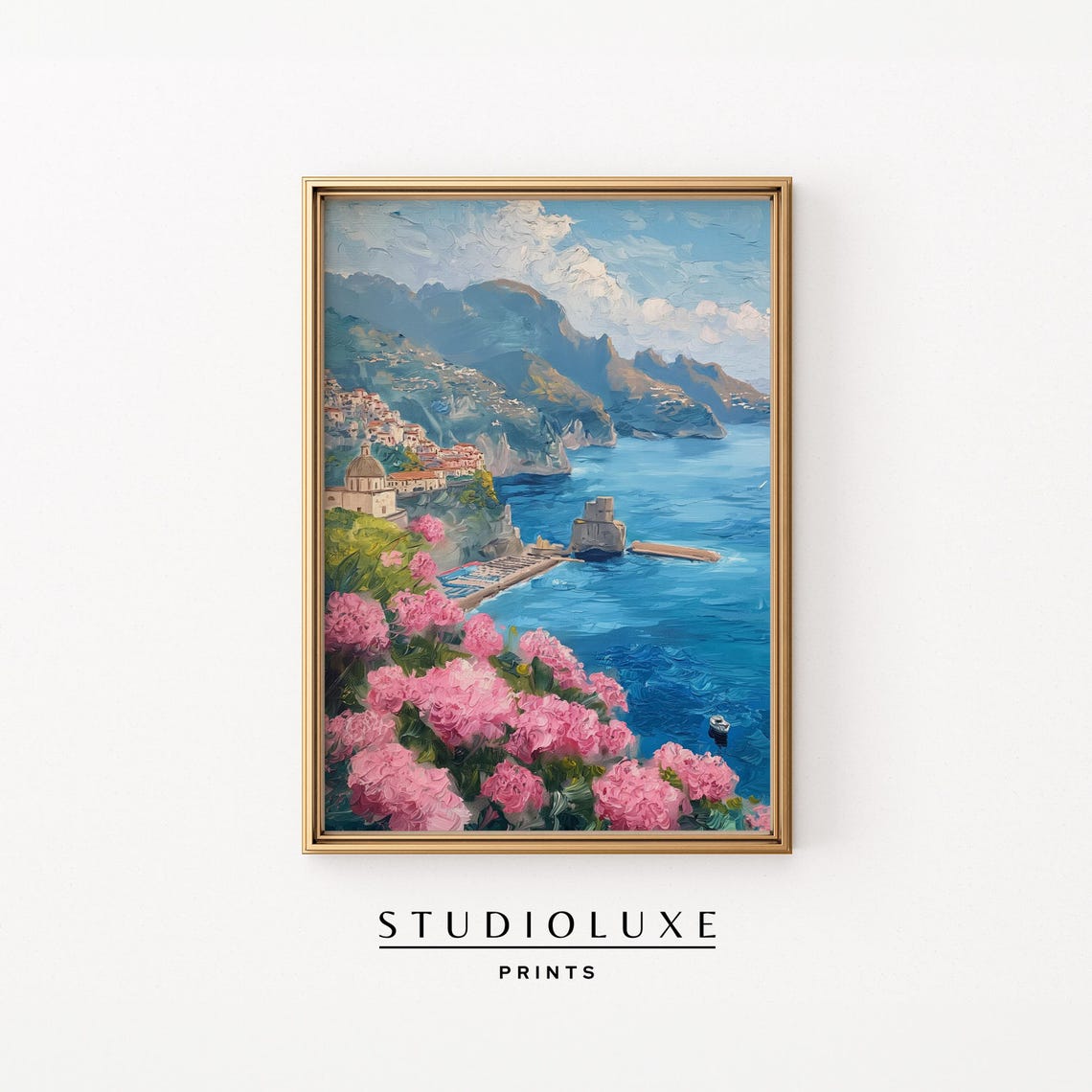 Amalfi Coast Cliffside Town With Pink Bougainvillea Art Poster