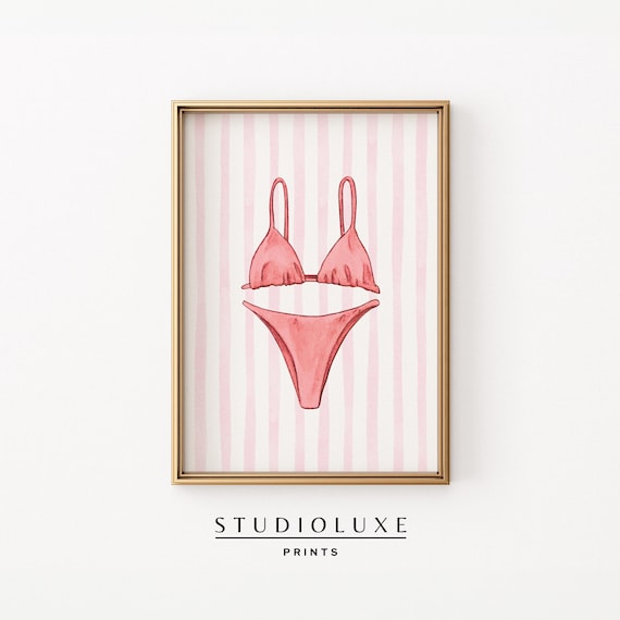 Pink Bikini Swimsuit Watercolor on Pink Stripes Beach Poster