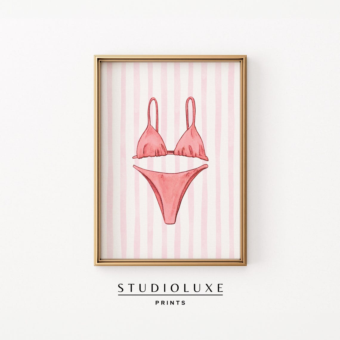 Pink Bikini Swimsuit Watercolor on Pink Stripes Beach Poster