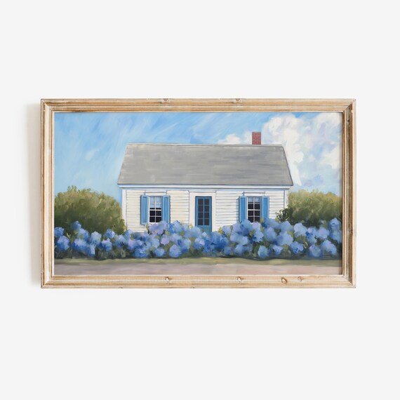 Coastal Cottage With Blue Hydrangea Hedge Garden Painting Print