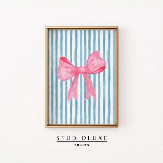 Sweet Pink Bow on Blue Watercolor Stripes Coquette Preppy Poster