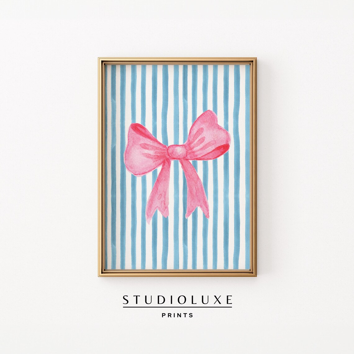Sweet Pink Bow on Blue Watercolor Stripes Coquette Preppy Poster
