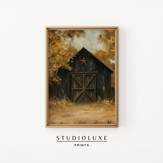 Rustic Black Barn with Star Farmhouse Door Autumn Country Poster