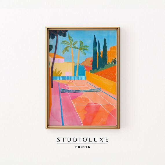 Tennis Court Sunset Palm Trees Colorful Sports Illustration Poster