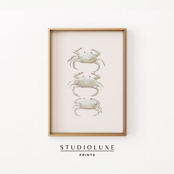 Minimalist White Crab Trio Art Print, Coastal Decor