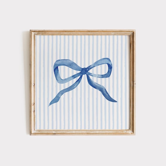 Blue Watercolor Bow On Striped Background Preppy Coquette Decor Poster
