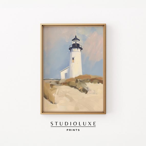 Coastal Lighthouse Wall Art Print Minimal Beach Decor Ocean Painting Nautical Seaside Cottage Artwork