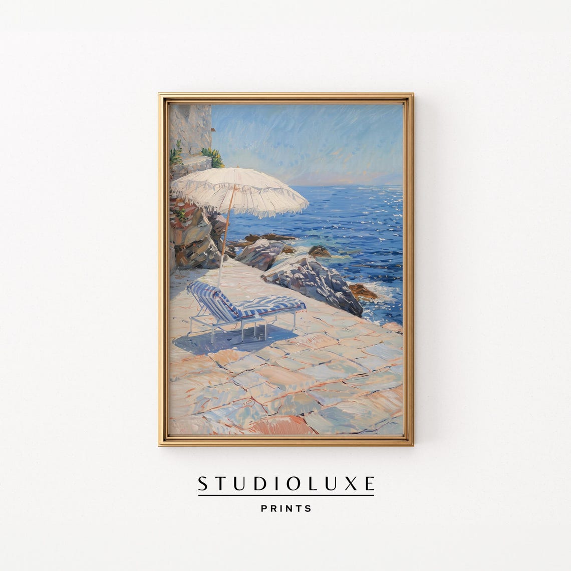 White Parasol on a Rocky Italian Seaside Terrace Summer Day Poster
