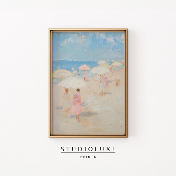 Pastel Beach Umbrellas Figures Impressionist Coastal Scene Poster
