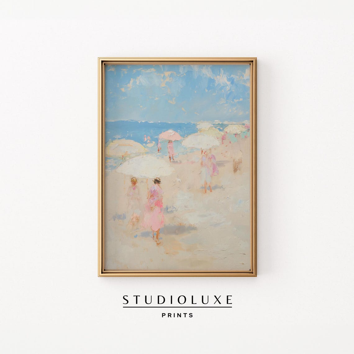 Pastel Beach Umbrellas Figures Impressionist Coastal Scene Poster