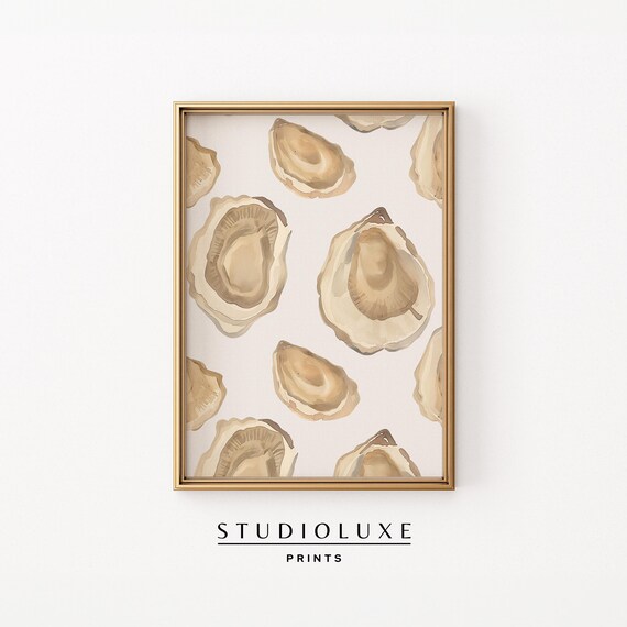 Watercolor Oyster Shells Pattern Neutral Coastal Kitchen Wall Art