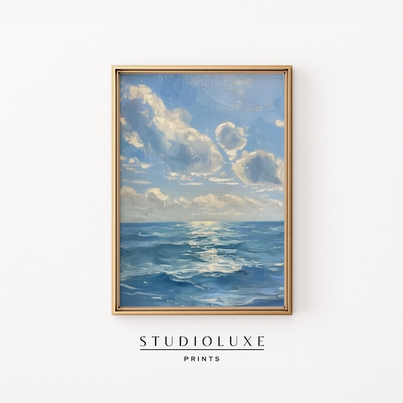 Bright Blue Ocean Waves Under Dramatic Clouds Seascape Poster
