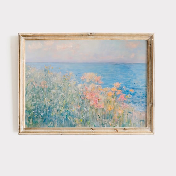 Pastel Wildflower Meadow Overlooking Blue Sea Impressionist Poster