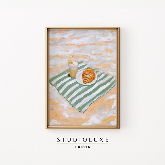 Latte and Croissant on Striped Beach Towel Summer Breakfast Poster