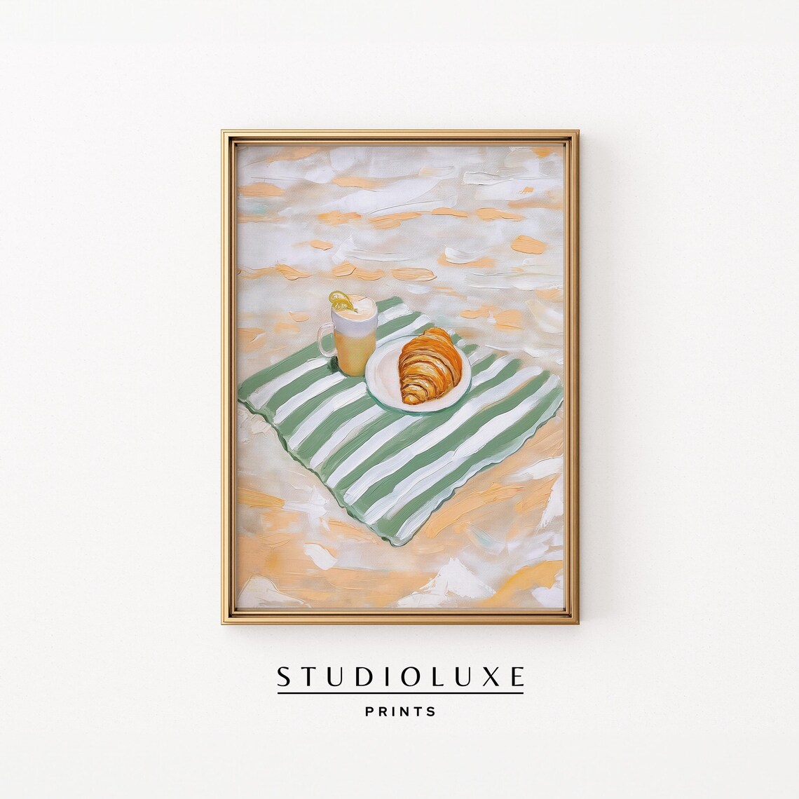 Latte and Croissant on Striped Beach Towel Summer Breakfast Poster