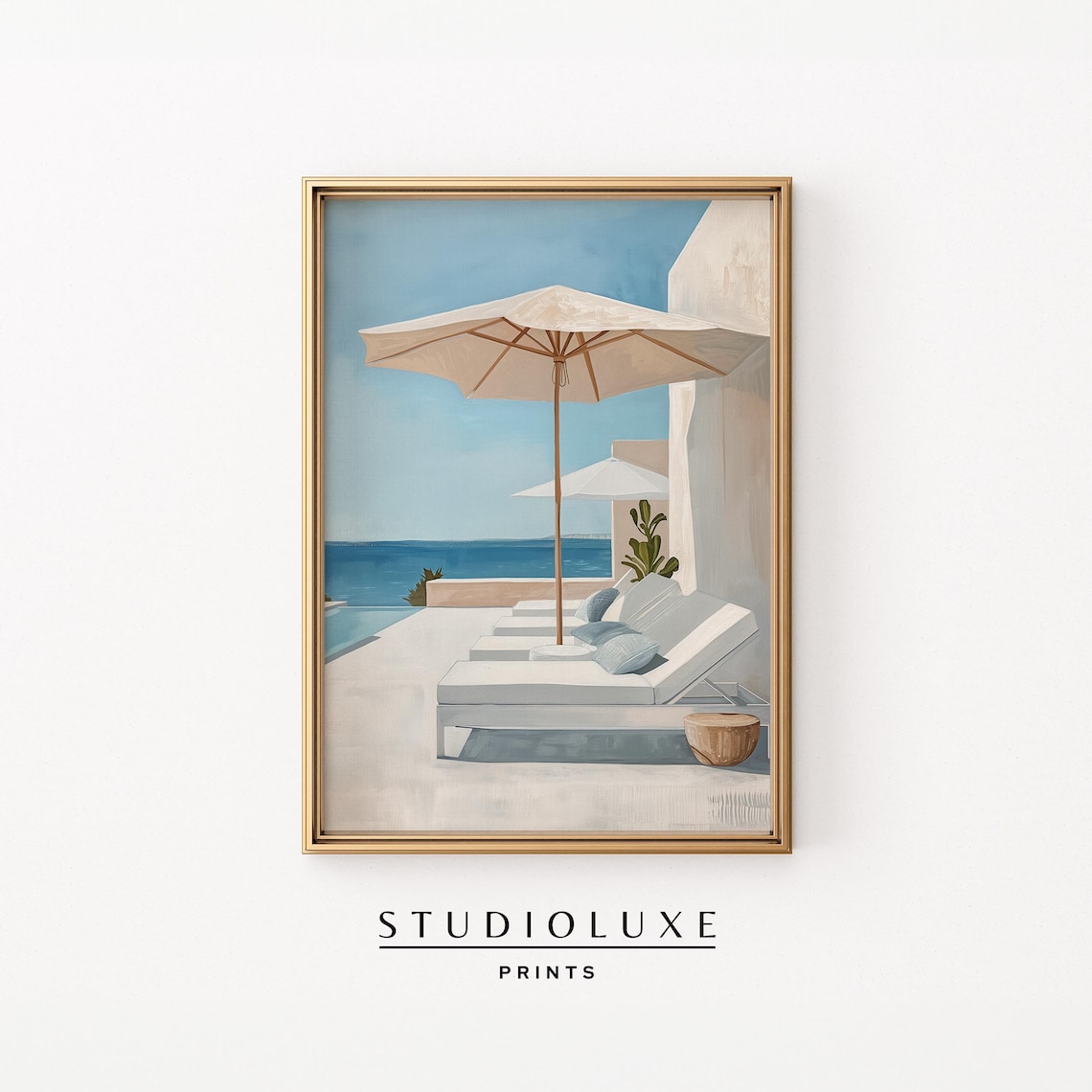 White Resort Terrace With Parasol Overlooking The Sea Art Poster