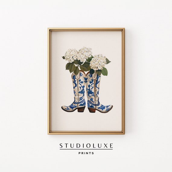 Coastal Cowgirl Boot Wall Art Chinoiserie Granddaughter Print Nursery Floral Decor