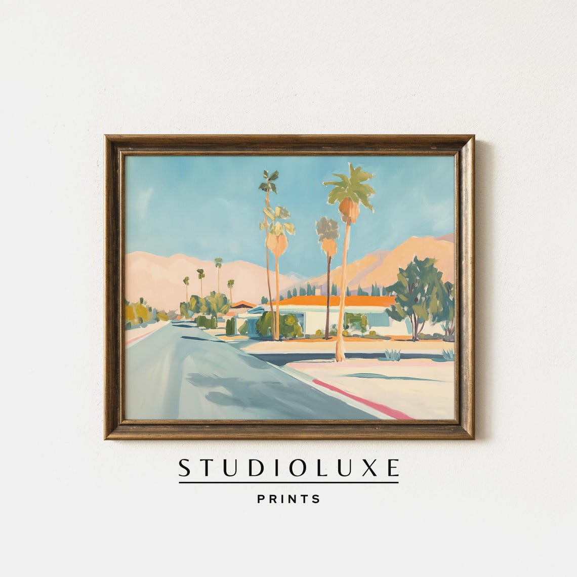 Palm Springs Street Scene With Palms And Desert Mountains Poster