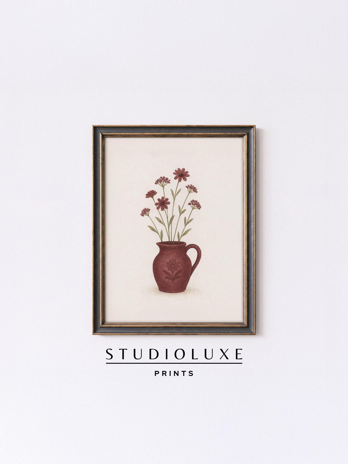 Maroon Pitcher with Wildflowers Poster, Rustic Floral Still Life Painting
