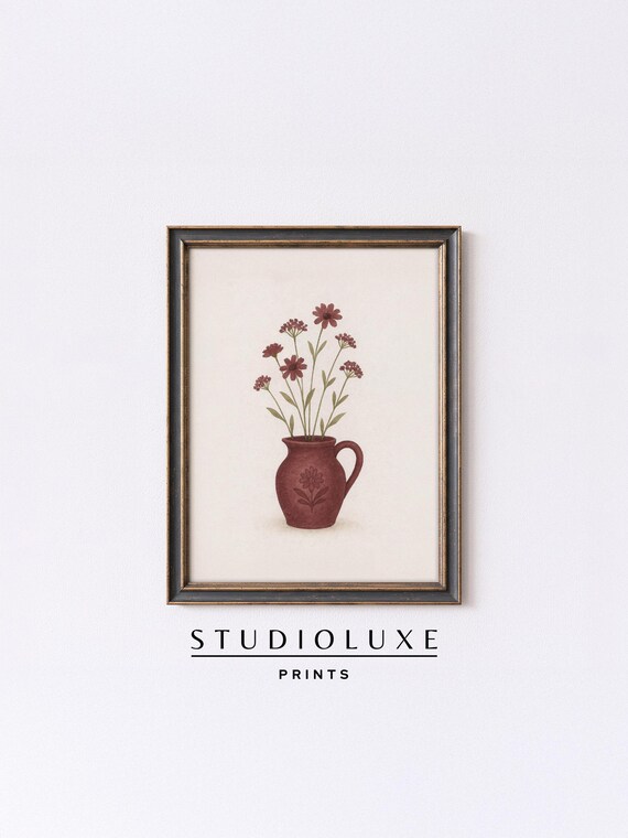 Maroon Pitcher with Wildflowers Poster, Rustic Floral Still Life Painting