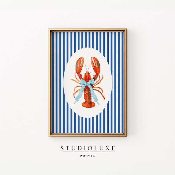 Coquette Bow Lobster Print Coastal Wall Art East Coast Prints Blue Striped