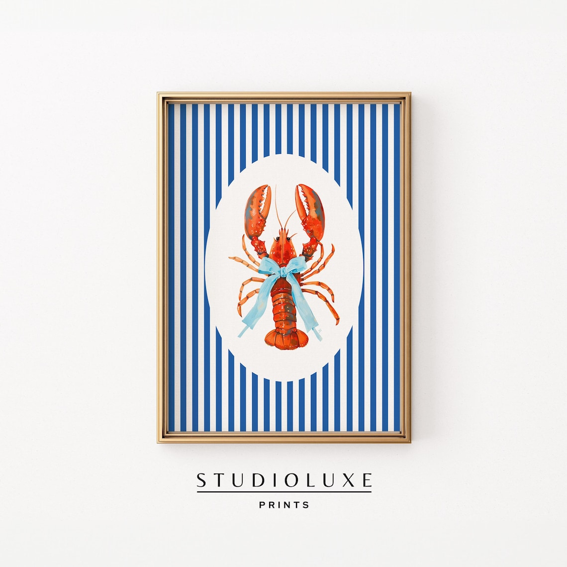 Coquette Bow Lobster Print Coastal Wall Art East Coast Prints Blue Striped