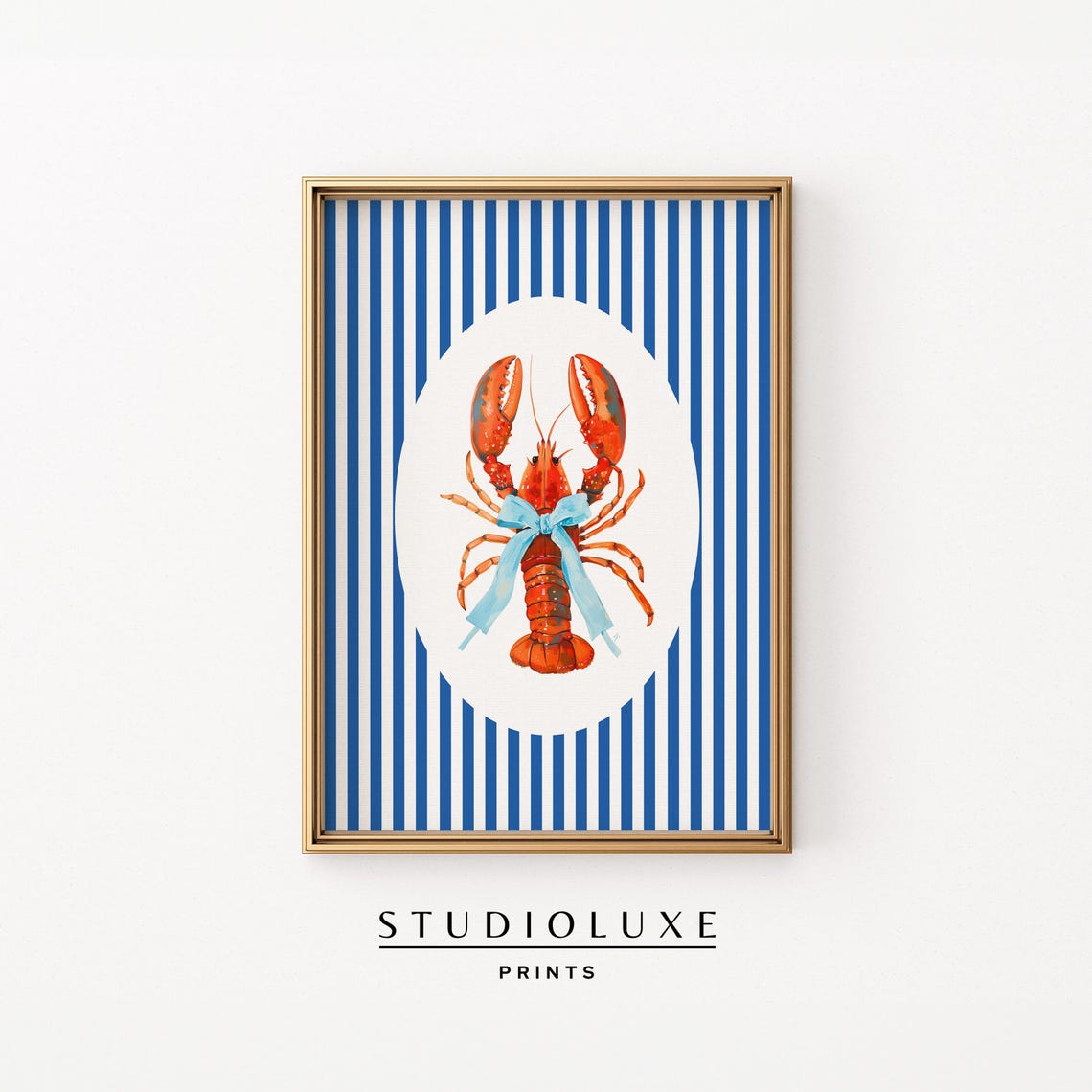 Red Lobster Tied with a Blue Bow on Navy Striped Coastal Poster