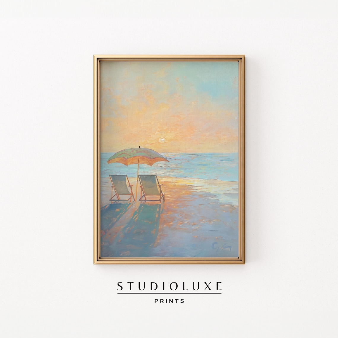 Sunset Beach with Two Chairs and Umbrella Pastel Ocean Art Poster