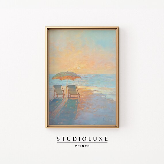 Sunset Beach with Two Chairs and Umbrella Pastel Ocean Art Poster