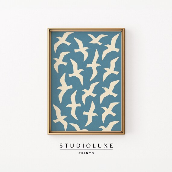 Seagull Silhouette Pattern Teal Blue Background Coastal Poster