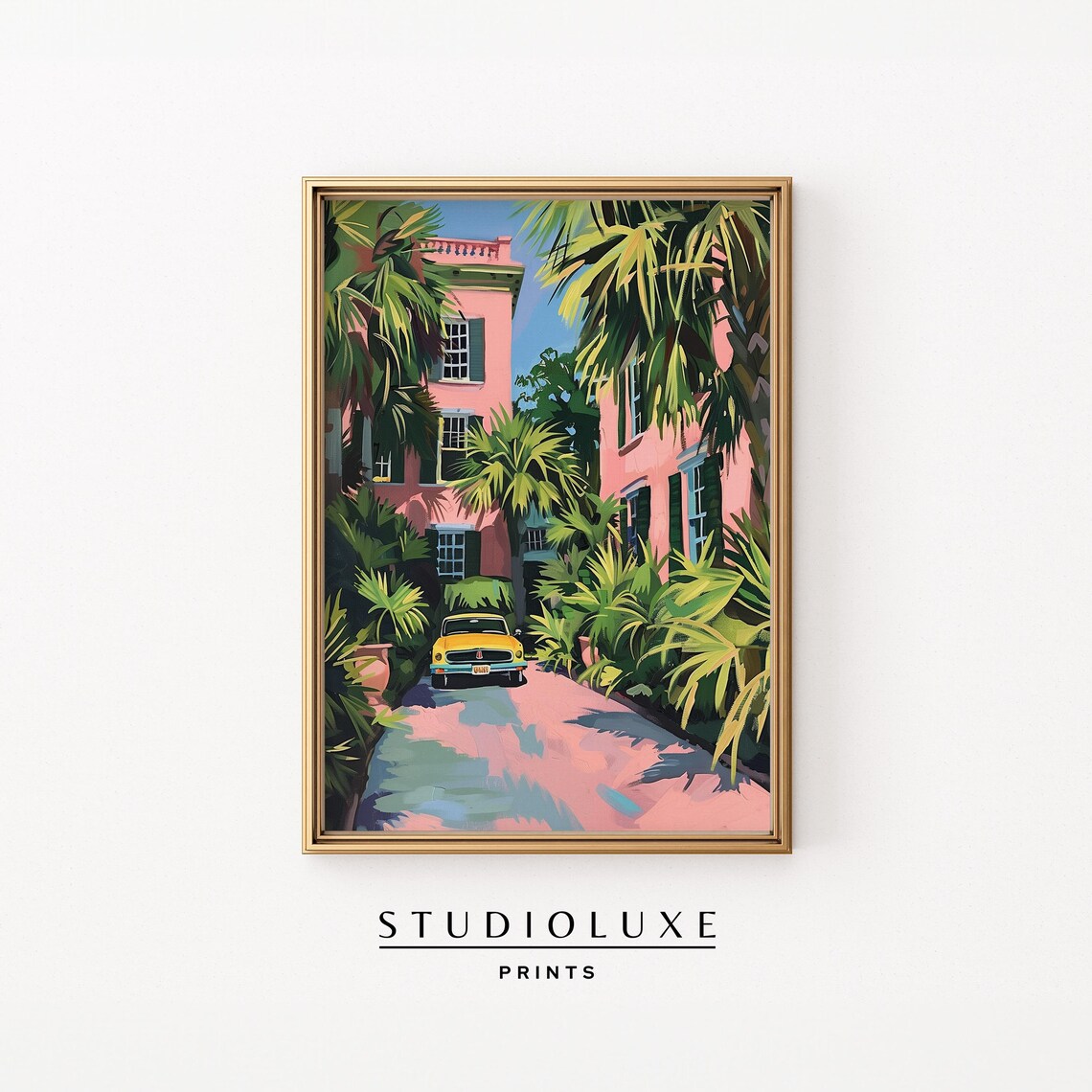 Pink House with Palm Trees and Vintage Yellow Car Charleston Poster