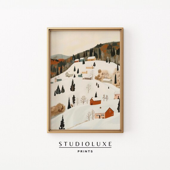 Snowy Hillside Village Red Barns Folk Art Winter Landscape Scene Painting Poster