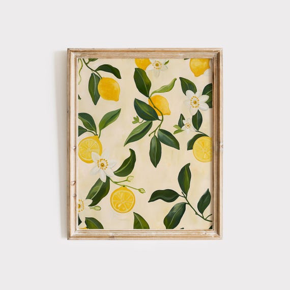 Lemon Wall Art Kitchen Citrus Decor Mediterranean Fruit Pattern Print Yellow Botanical Artwork Summer