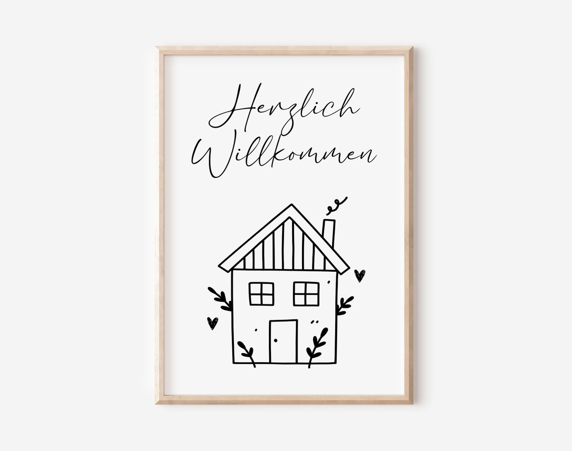 Herzlich Willkommen Script With Line Art House Drawing Poster